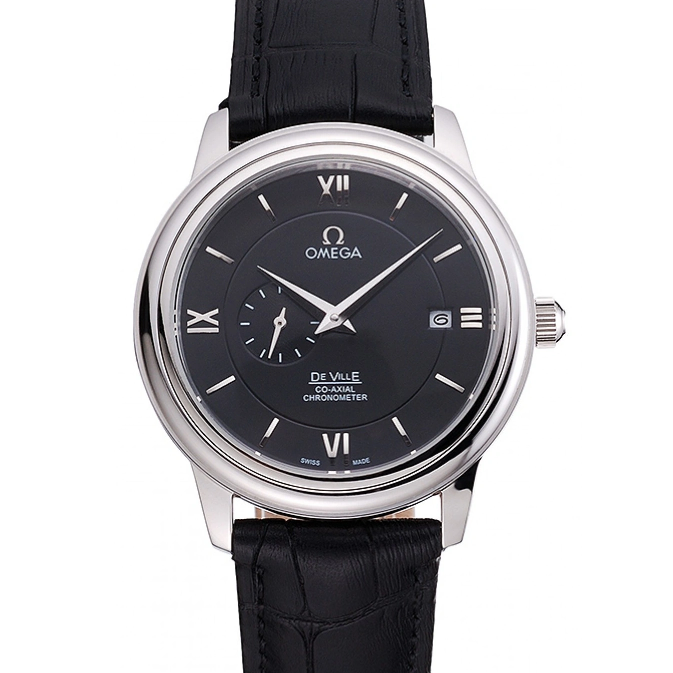 1015 Omega De Ville Prestige Co-Axial Black Dial Silver Case Black Leather Strap Roman Numeral